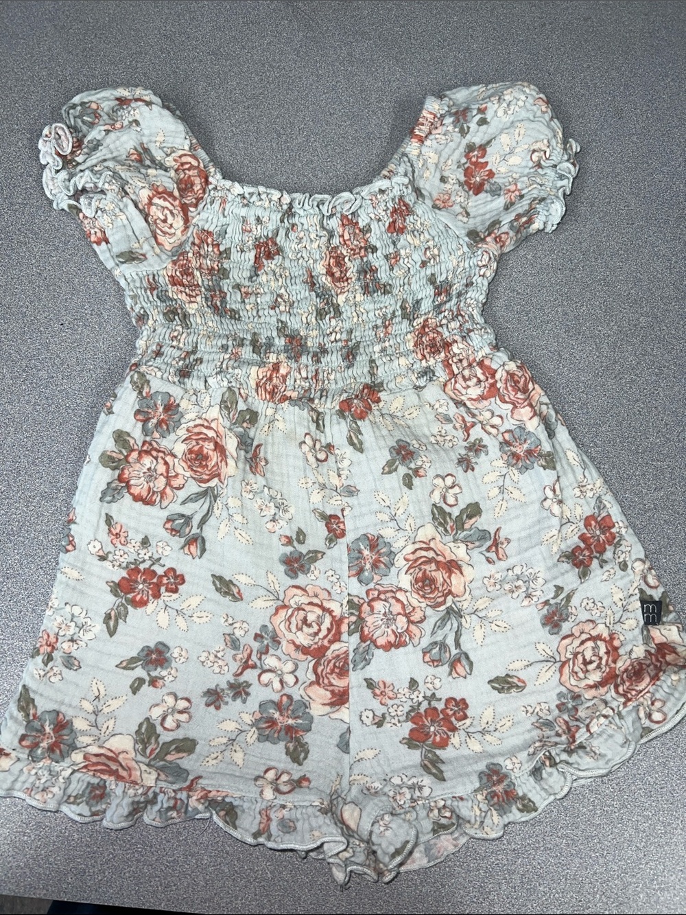Girls Floral Smocked One-Piece Romper - Light Blue with Rust Roses